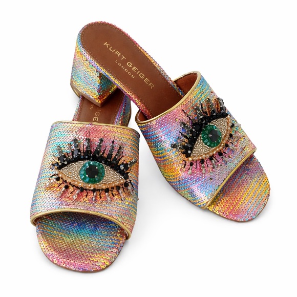 Kurt Geiger Olive Eye Rainbow Sequin Block Heel Mule Sandals EU 39